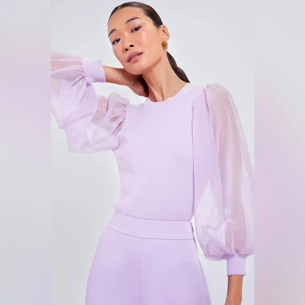 Tuckernuck Betsy Lilac Puff Sleeve Knit Blouse Sheer Sleeve Size S NWT